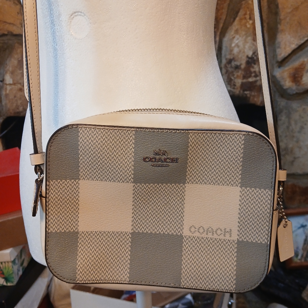 Coach Blue and Cream Checkered Women's Camera Bag Like New - Picture 3 of 14